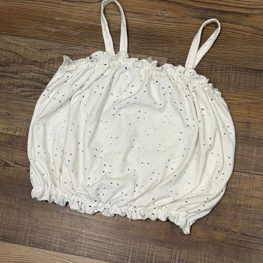 White eyelet crop top tube top with ruffles and adjustable straps